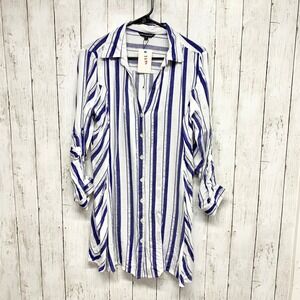Club Z Collection Striped Button Down Coverup Womens Size M Blue White Metallic